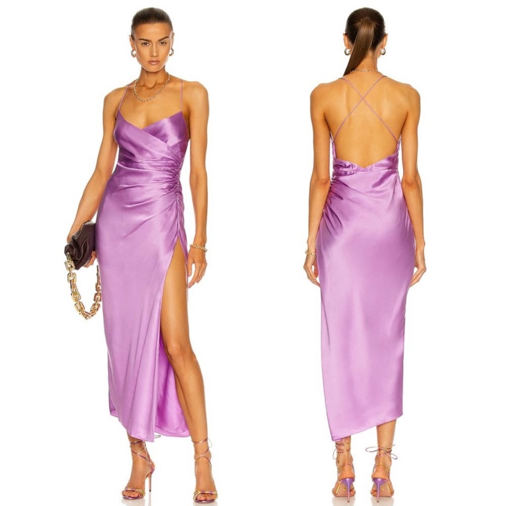 The Sei Strappy Gathered Silk Midi Dress Lilac